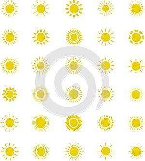 Sun icon set. Yellow sun star icons or logo collection. Summer, sunlight, sunset, sunburst. Vector illustration