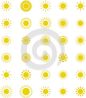 Sun icon set. Yellow sun star icons or logo collection. Summer, sunlight, sunset, sunburst. Vector illustration