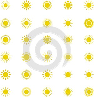 Sun icon set. Yellow sun star icons or logo collection. Summer, sunlight, sunset, sunburst. Vector illustration