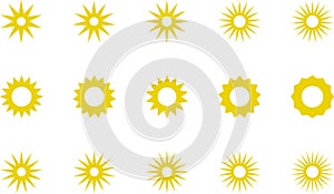 Sun icon set. Yellow sun star icons or logo collection. Summer, sunlight, sunset, sunburst. Vector illustration