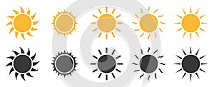 Sun icons collection yellow and black set. Vector illustration