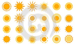 Sun icons. Modern simple seasons signs, summer emblems, sunshine silhouette with different rays style, heat weather