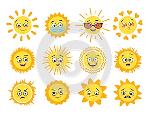 Sun icons set with different emotions, mask and goggles