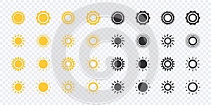 Sun icons set. Yellow and black sun icons. Vector scalable graphics