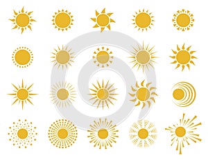 Sun icons.  Set of yellow symbols. Spring, summer or tropical background design element
