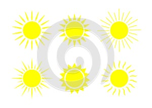 Sun icons. Sunshine graphic shapes. Symbol of summer sunlight weather. Set of cartoon sunrises. Yellow silhouettes of suns. Logos