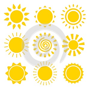 Cartoon Sun icons vector symbol set. Simple flat design