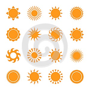 Sun icons. Yellow star pictogram, summer heat, sunlight, nature sunset or bright morning trendy symbol for website