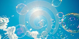 Sun illuminates floating soap bubbles against clear blue sky. outdoor fun and joy. whimsical summer day backdrop. AI