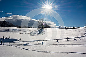 The sun illuminates the snowy expanses