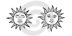 Sun illustration, hand drawn line art vector clip art set