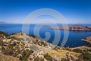 Sun Island - July 28, 2017: Panoramic view of Sun Island in lake Titicaca, Bolivia