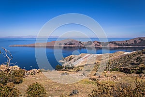 Sun Island - July 28, 2017: Panoramic view of Sun Island in lake Titicaca, Bolivia