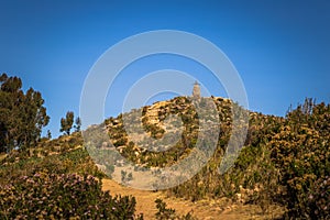 Sun Island - July 28, 2017: Panoramic view of Sun Island in lake Titicaca, Bolivia