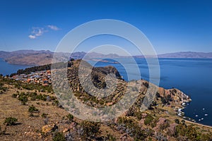 Sun Island - July 28, 2017: Panoramic view of Sun Island in lake Titicaca, Bolivia