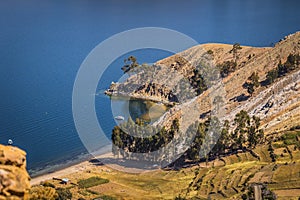 Sun Island - July 28, 2017: Panoramic view of Sun Island in lake Titicaca, Bolivia