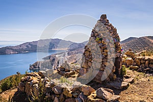 Sun Island - July 28, 2017: Panoramic view of Sun Island in lake Titicaca, Bolivia