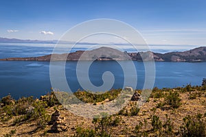 Sun Island - July 28, 2017: Panoramic view of Sun Island in lake Titicaca, Bolivia