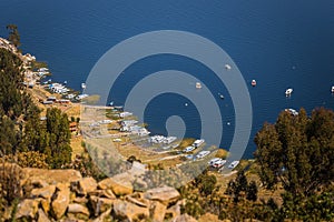 Sun Island - July 28, 2017: Panoramic view of Sun Island in lake Titicaca, Bolivia