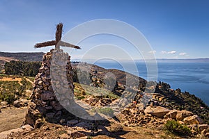 Sun Island - July 28, 2017: Panoramic view of Sun Island in lake Titicaca, Bolivia