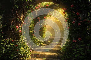 Sun-kissed archway with blooming roses