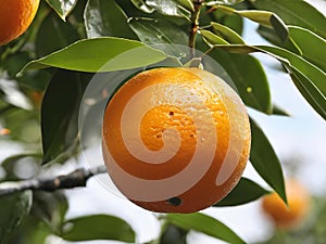 Sun-Kissed Citrus Delight: A Close-Up View of Fresh Oranges Hanging Amidst Lush Green Leaves. generative AI