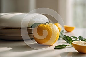 Sun-kissed Citrus Symphony, A Vibrant Gathering of Lemons Perched Atop a Polished Kitchen Counter