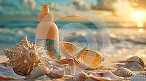Sun-Kissed Essentials: Sunscreen, Sunglasses, and Starfish on Beach