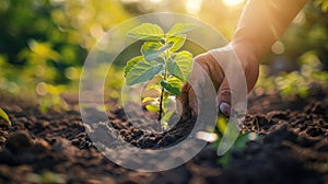 Sun-kissed Farmer with Three Hand Protection Planting Trees in Garden Soil