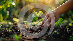 Sun-kissed Farmer with Three Hand Protection Planting Trees in Garden Soil