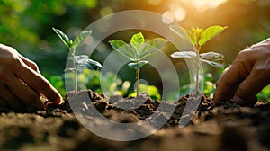 Sun-kissed Farmer with Three Hand Protection Planting Trees in Garden Soil