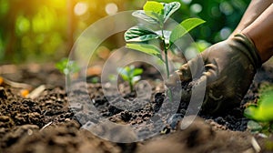 Sun-kissed Farmer with Three Hand Protection Planting Trees in Garden Soil