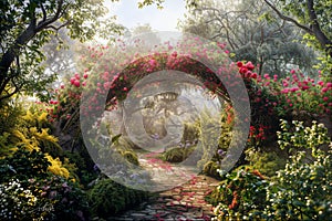 Sun-kissed floral arch in a lush garden path