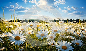 Sun-kissed, flowering daisy field with a vibrant display of white petals and yellow centers surrounded by lush green grass under a