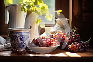 Sun-kissed grapes on wood with ornate pitchers, a timeless scene of rustic luxury basking in soft morning light.