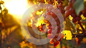 Sun kissed grapevines in a vineyard at sunset. Lush, ripe grapes ready for harvest. Agricultural beauty, natural and