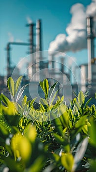 Sun-kissed green leaves flourish in the foreground, overshadowing the industrial stacks in the soft-focus backdrop.