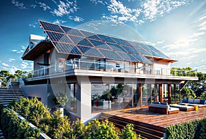 Sun-Kissed Haven: Deck & Solar Roof Enhance Modern Dream Home, generative ai