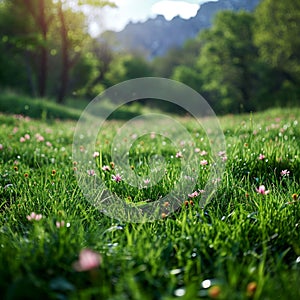 Sun kissed meadow Alpine grass gleams under the radiant sunlight