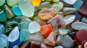 Sun-kissed, multi-colored sea glass pieces scattered along a sunny beach, Ai Generated