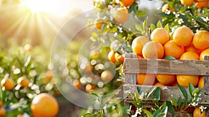 Sun kissed oranges in rustic wooden crate amidst lush garden a bountiful orchard scene