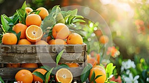 Sun kissed oranges in wooden crate rustic charm of bountiful orchard in lush garden setting