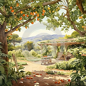 Sun-Kissed Orchard Haven: A Fruit Garden Nestled in a Sun-Drenched Cornucopia of Nature\'s Bounty - AI Generative