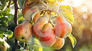 Sun-kissed ripe pears hanging on a branch, fresh and juicy fruit in an orchard. Nature's bounty captured in daylight