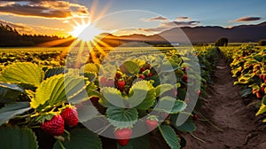 Sun kissed strawberry fields showcasing the allure of berry agriculture at twilight