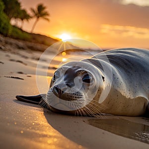 Sun-Kissed Tides: A Hawaiian Monk Seal at Sunset photo