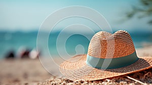 Sun-Kissed Vibes: Close-Up of Straw Hat and Sunglasses on the Beach