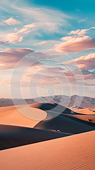 Sun-kissed waves of sand dunes undulate across the desert as the sun sets, painting the sky in soft pastel hues.