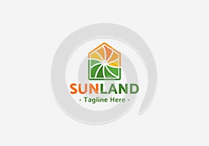 Sun land logo template, nature landscape sunset logo vector