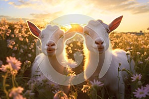 Sun landscape goat domestic farming grass rural cute green animals